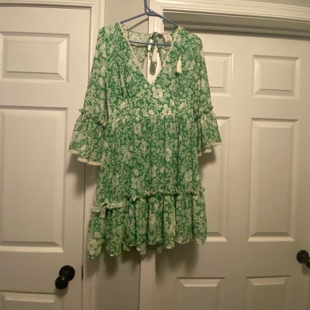 Green bell sleeve mini dress.